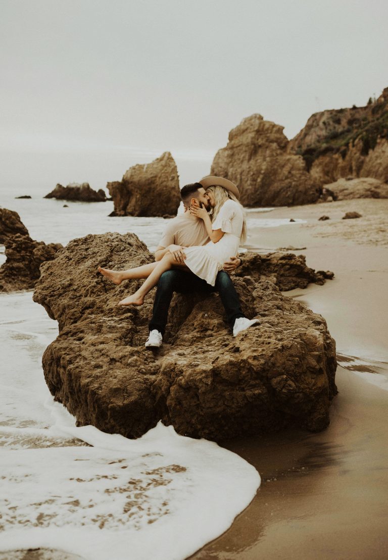 Boho Couple Engagement Photo Session at El Matador Beach in Malibu, California by traveling Elopement and Wedding Photographer, Katie Bertagnolli